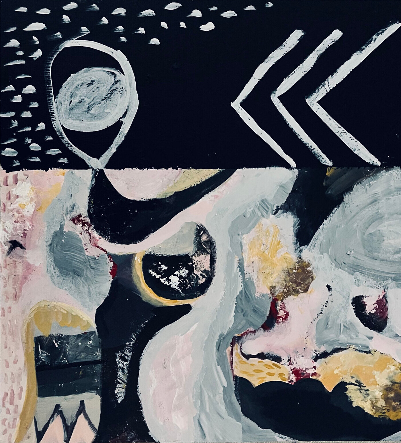 Abstract painting with dark upper field, white arrows and pale organic forms