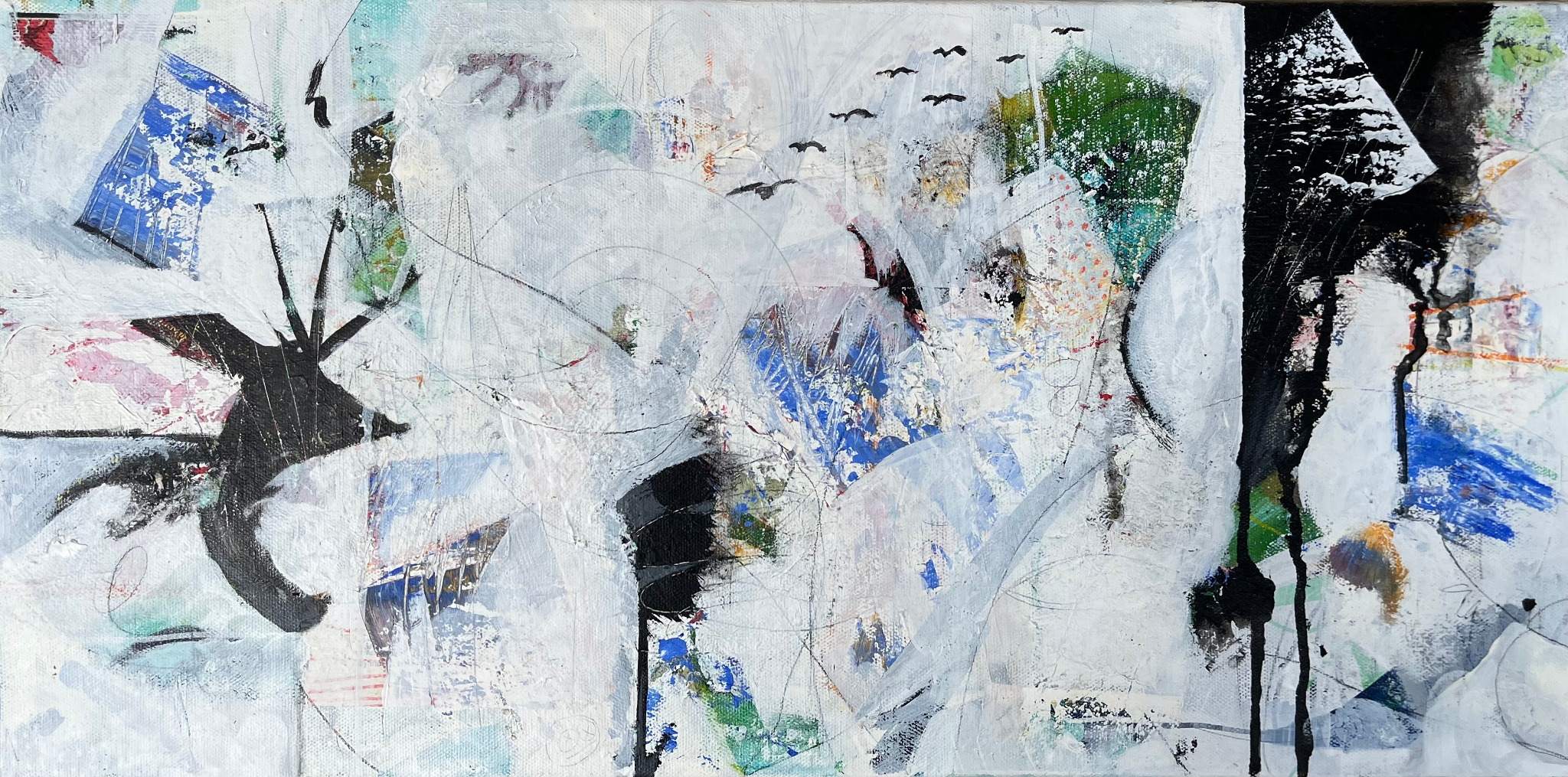 Wide pale abstract painting with black gestures and small fragments of green and blue