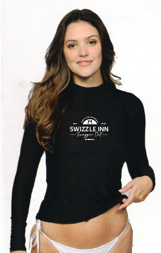 Black Swizzle Inn rash guard with white logo
