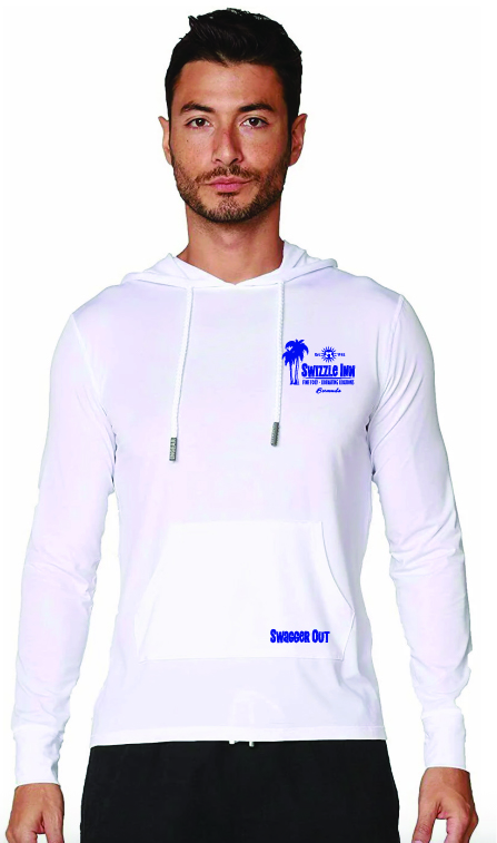 White Swizzle Inn sun shirt with blue print